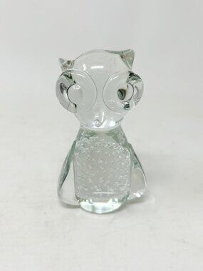 Art Glass Owl Figurine Paperweight 4 ½” Hand Blown Clear Glass Controlled Bubble
